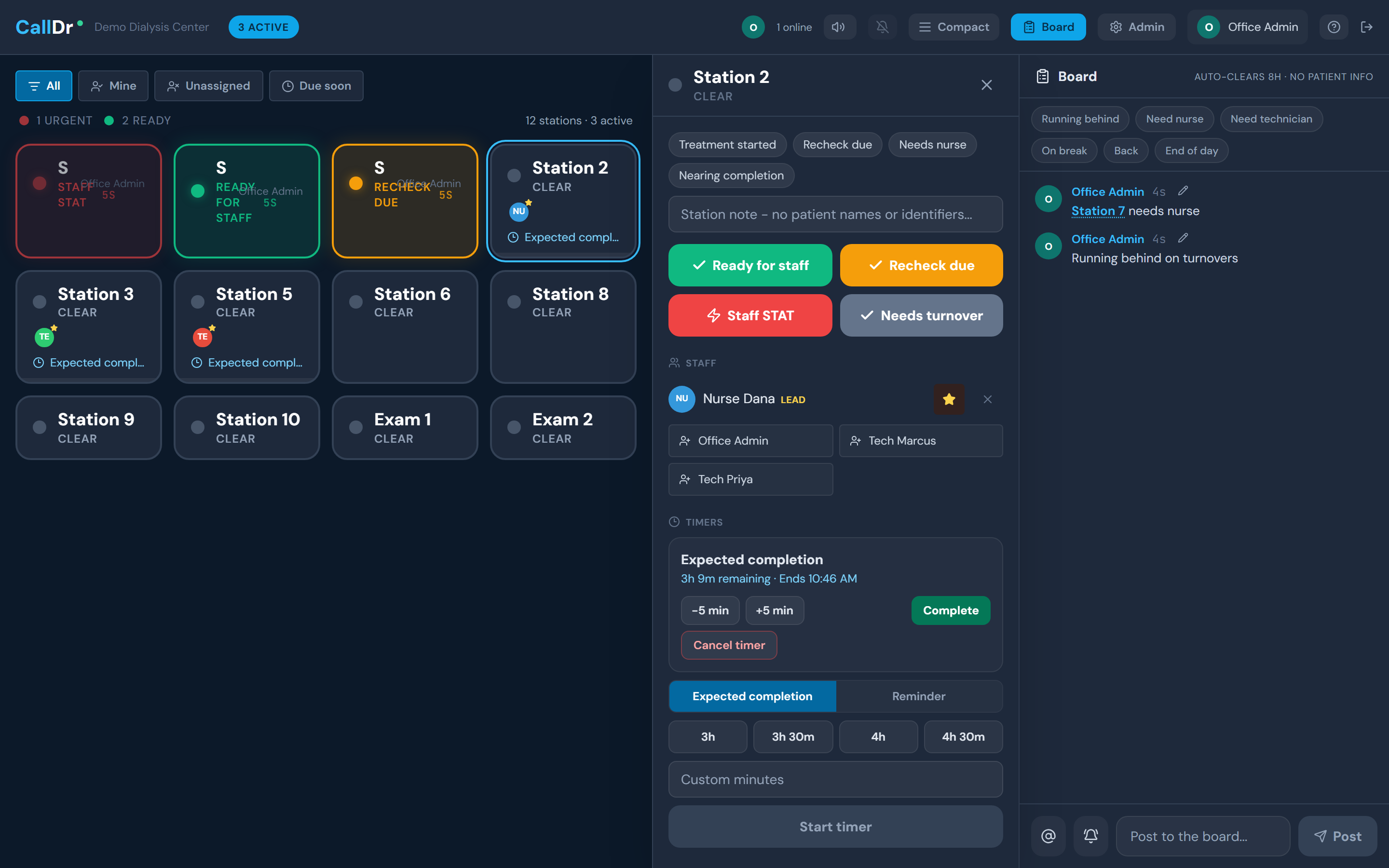 Station action drawer with treatment-length timer presets and staff assignment
