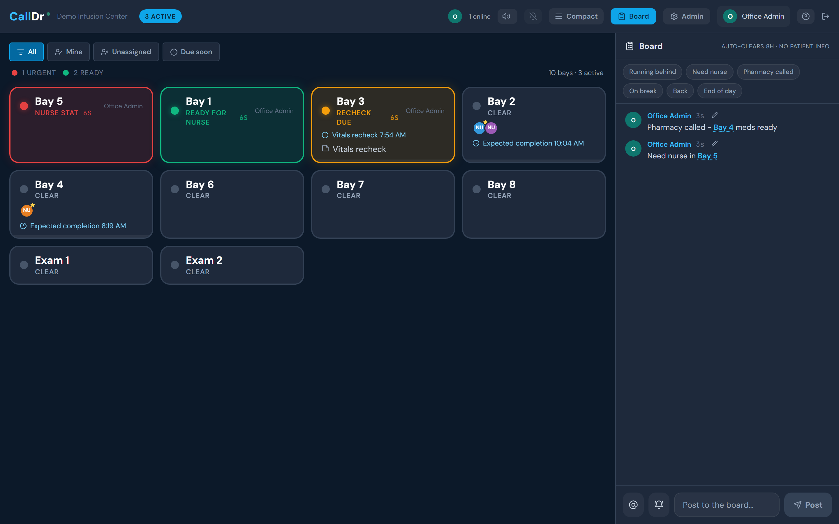 Ready.Doctor live board for an infusion center: bays with expected-completion countdowns, a vitals recheck reminder, nurse assignments with a lead, and Nurse STAT