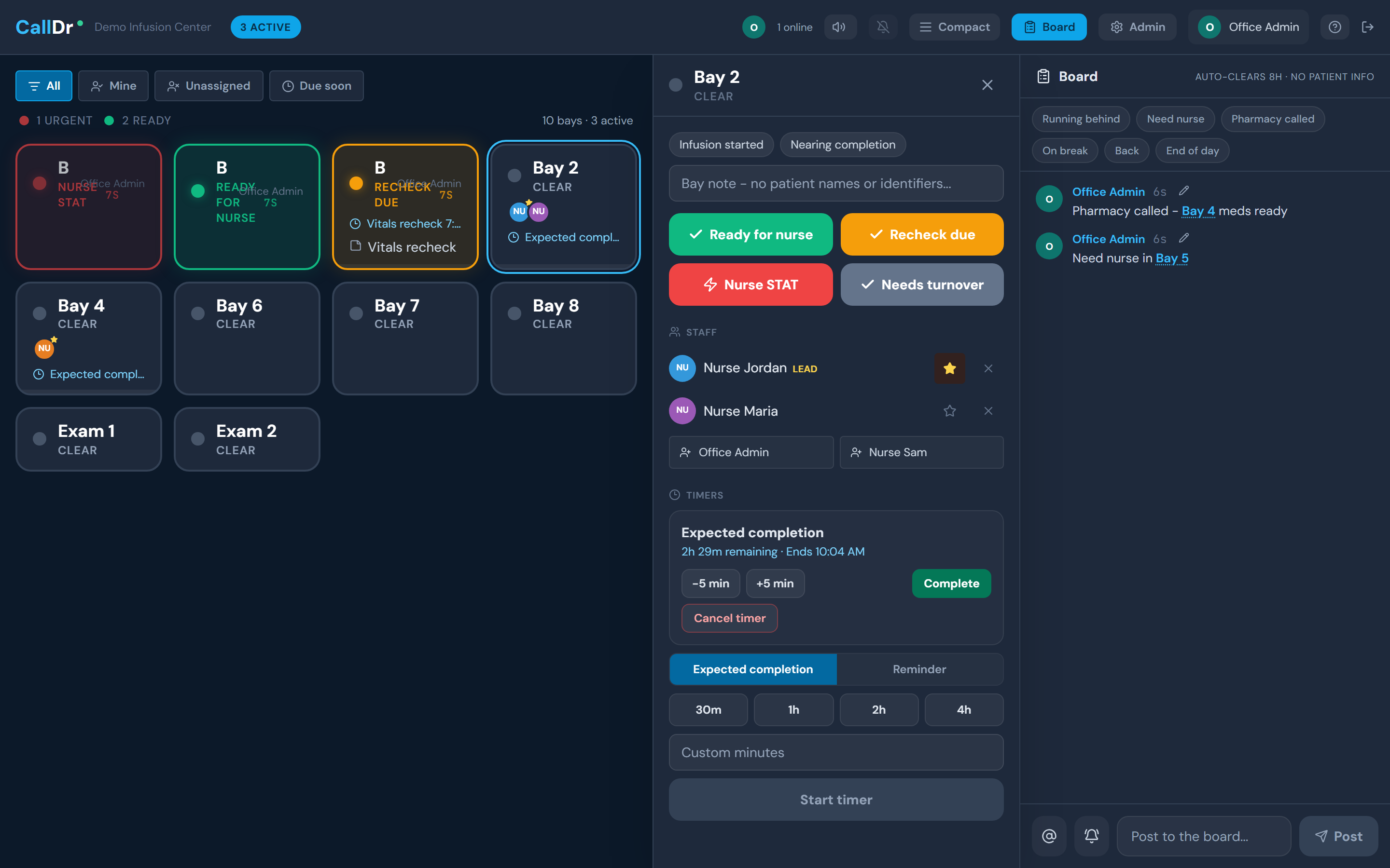 Bay action drawer with timer controls: preset durations, Start timer, and labeled running-timer actions