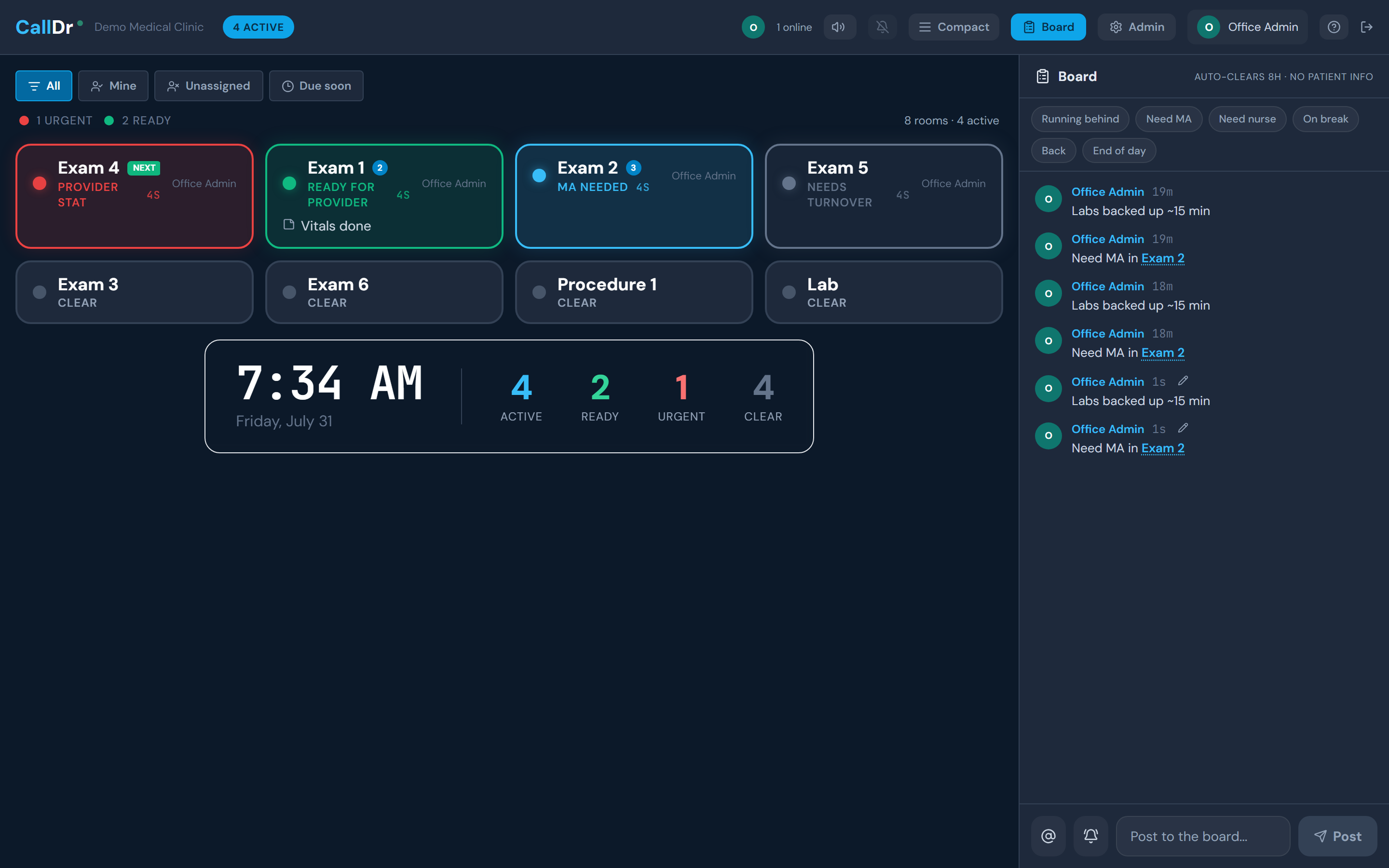 Ready.Doctor live board for a medical clinic: exam rooms showing Ready for provider, MA needed, Provider STAT, and Needs turnover, with the team board alongside