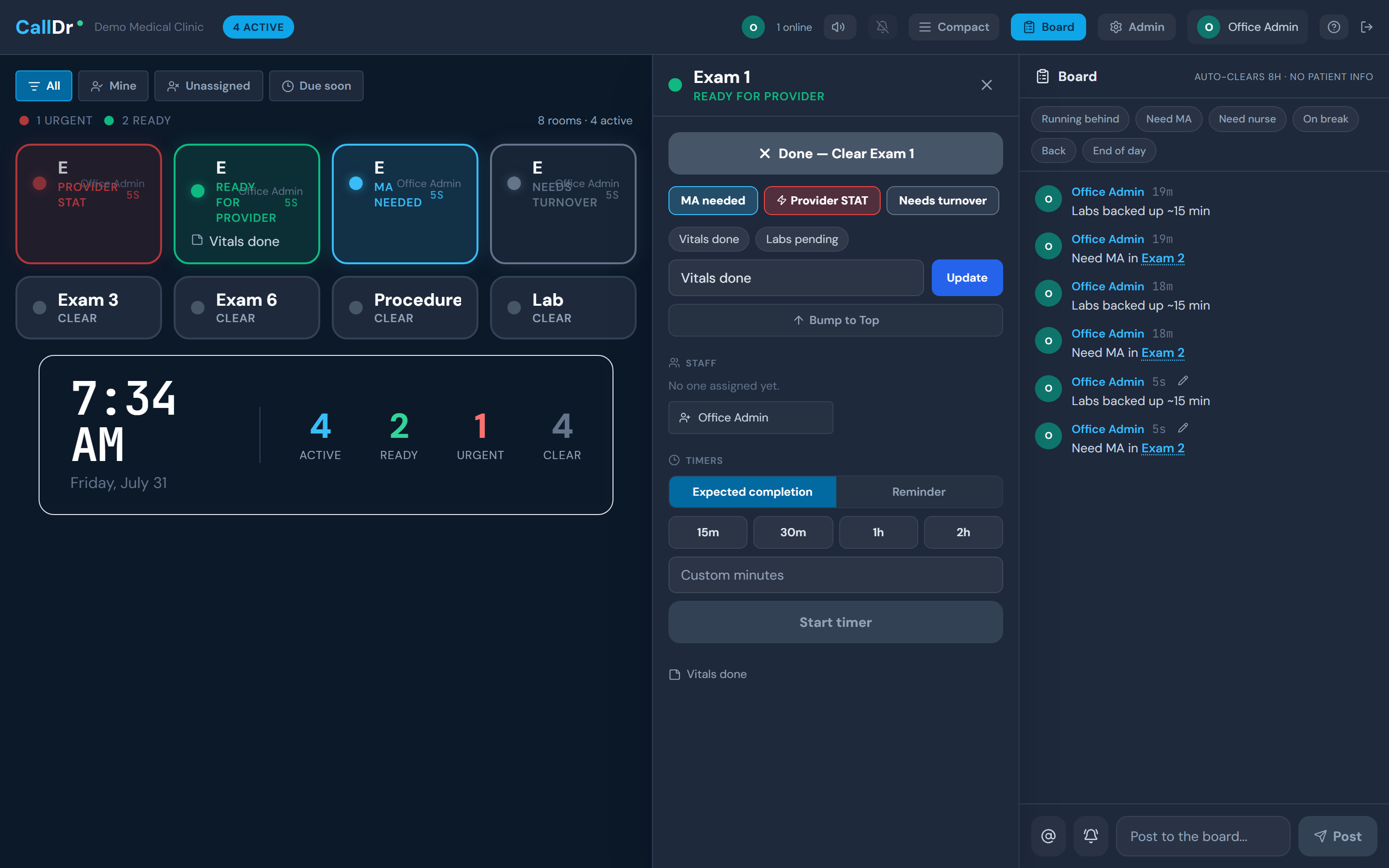 Room action drawer with status buttons, note, staff assignment, and timers